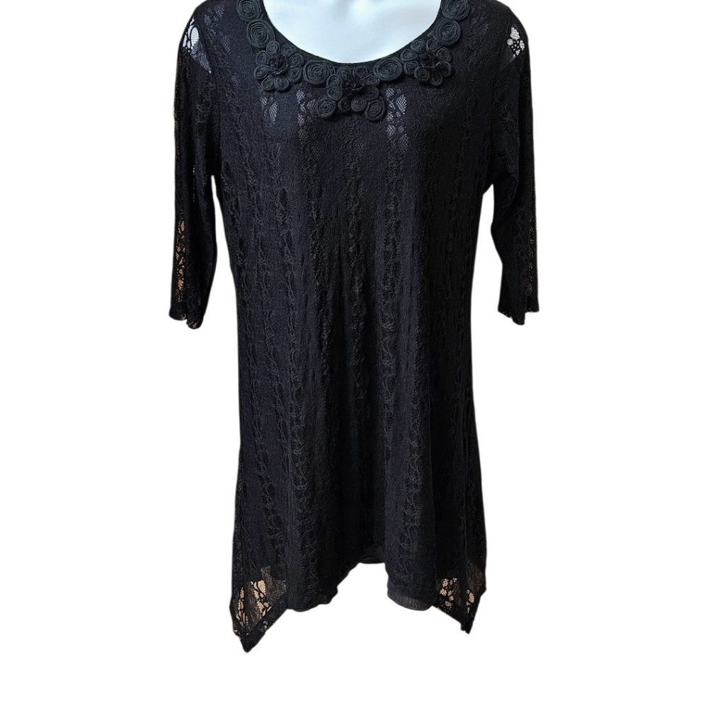 Lily by Firmiana 2X Black Lace Sharkbite Dress Rosette Neckline - Picture 2 of 13